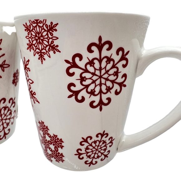 Gibson Home Coffee Tea Mug Set of 4 Christmas Snowflake Red White Festive Table - Picture 2 of 7